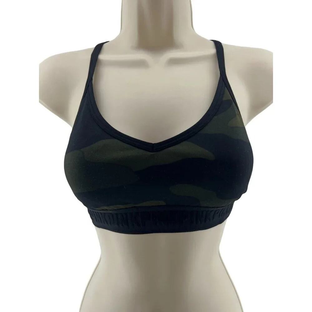 Pink Victoria's Secret Sports Bra Womens Small Camo Padded Mesh Back V Neck